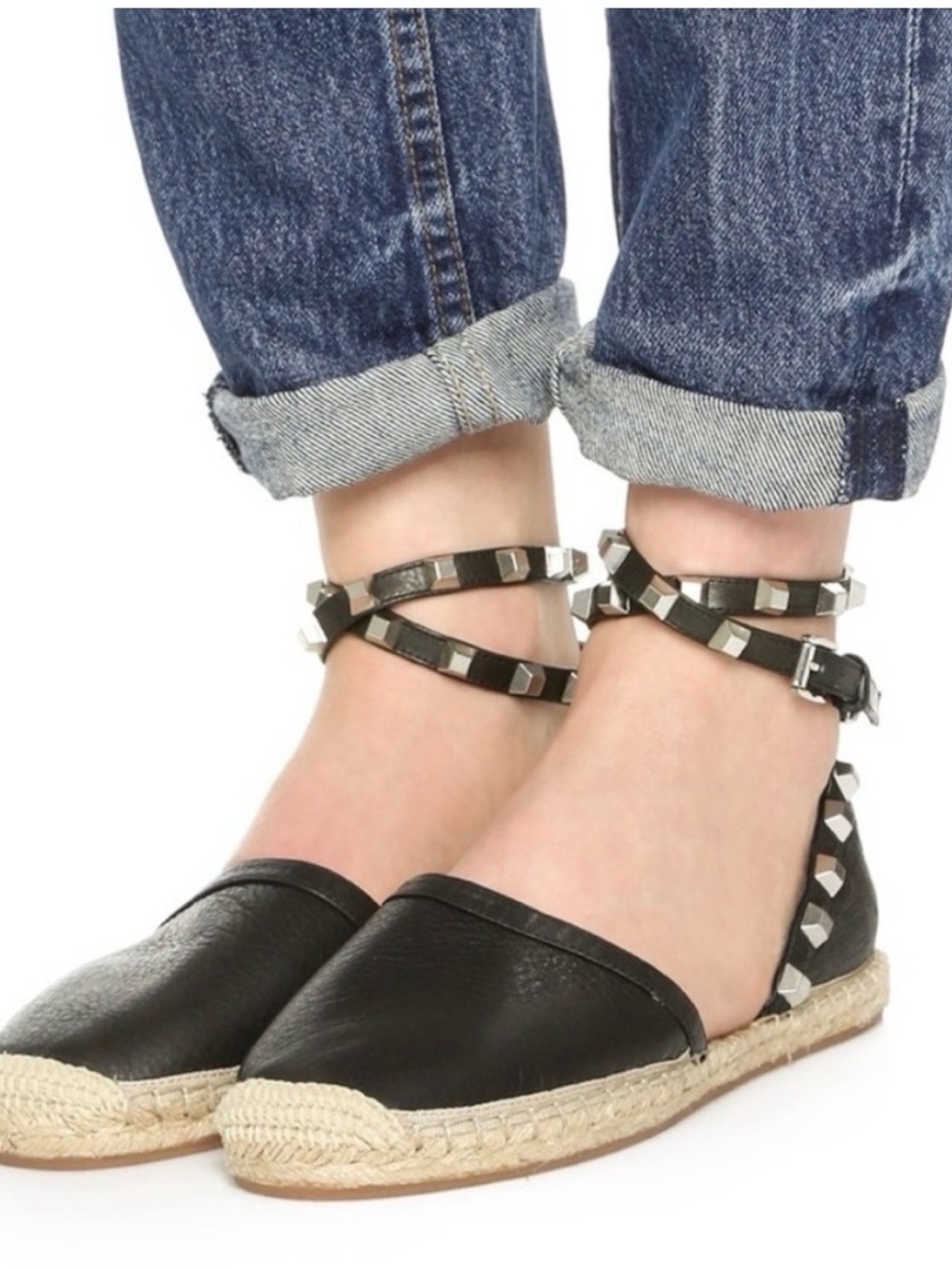 Rebecca Minkoff Black Leather Espadrille Flats with Studded Ankle Wraps Size 7.5